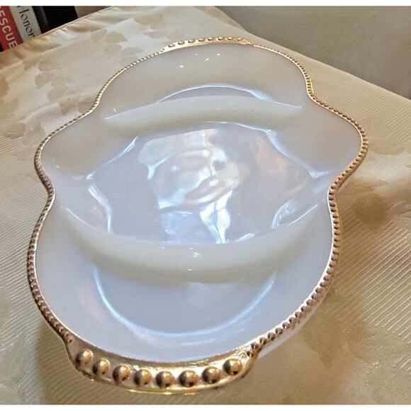 Vintage AH Fire-King White Glass 11" 3-Part Divided Relish Dish with Gold Trim - Picture 2 of 16
